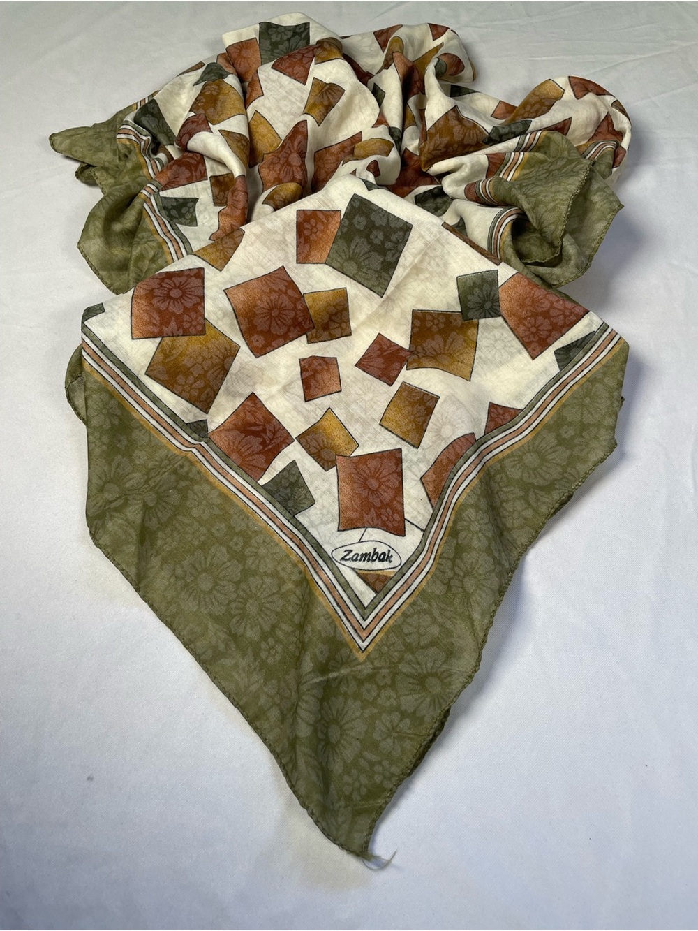 Womens VTG Zambak Silk Feel Geometric Oversized Square Scarf Earthy Autumn Tones